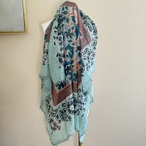 Boho Scarf Blue Coral Floral Metallic Cotton Fringe Festival Hippie India New